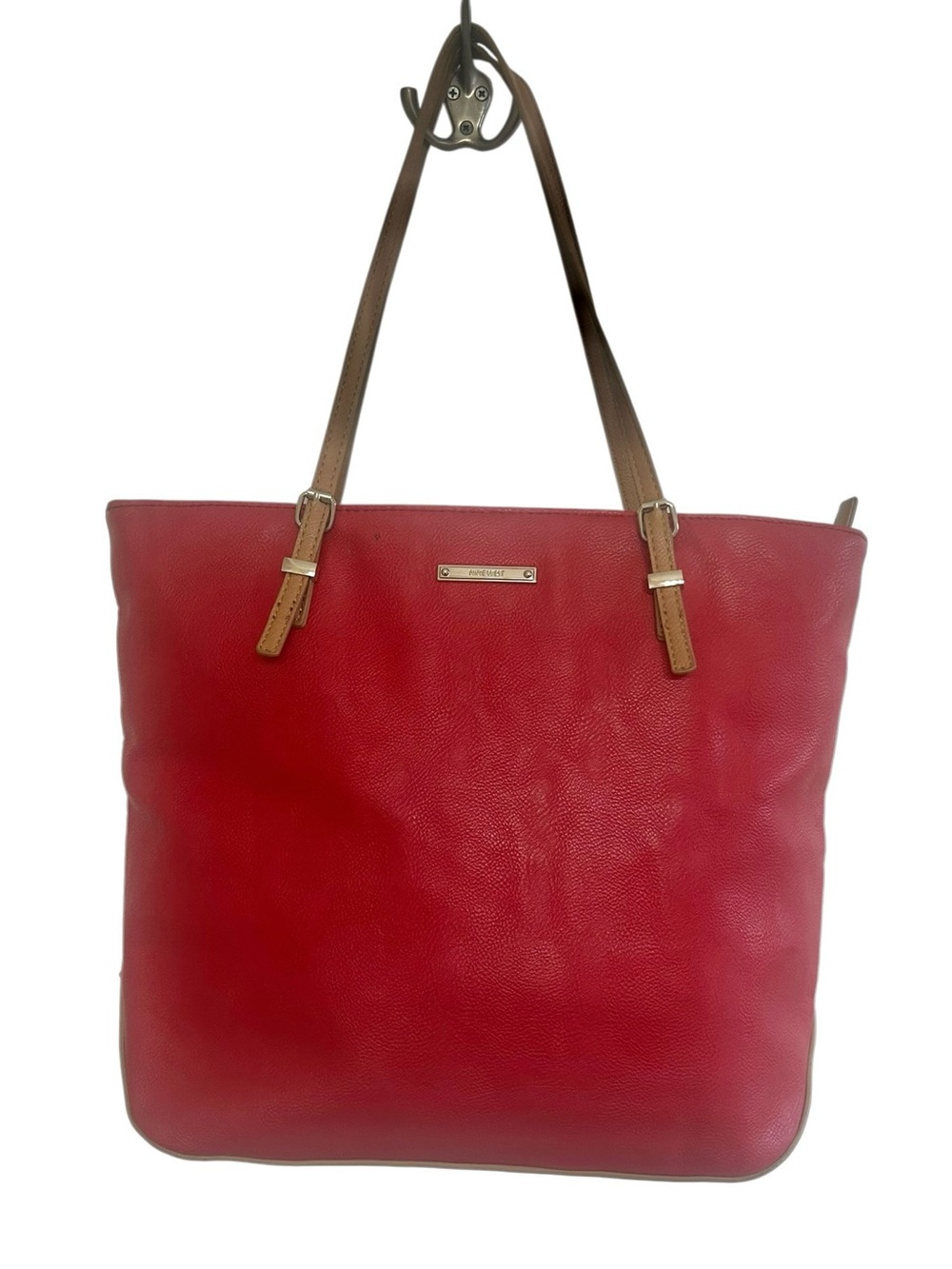 Nine West Large Red Tote Bag Purse with Tan Shoulder Straps